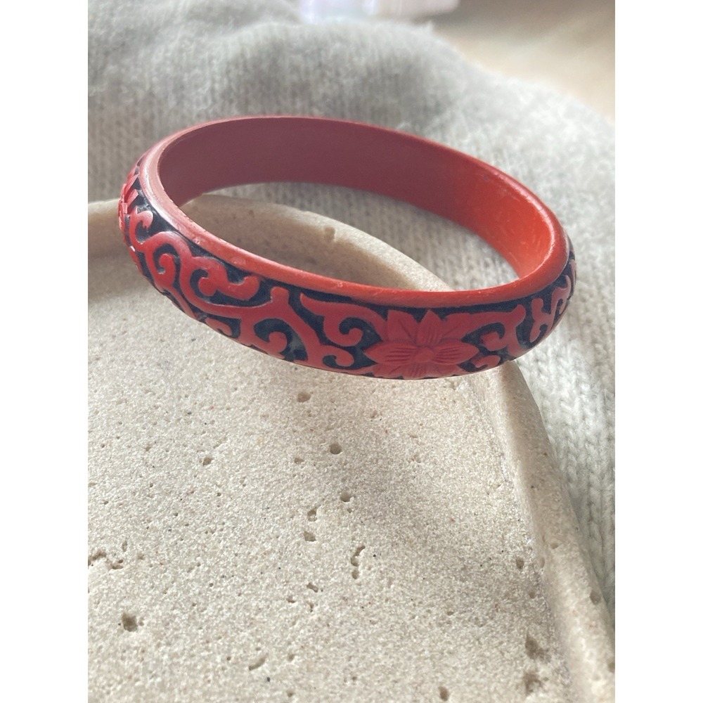 Red Floral Scroll Bangle Bracelet Carved Painted Boho Folk Art Made Of Wood